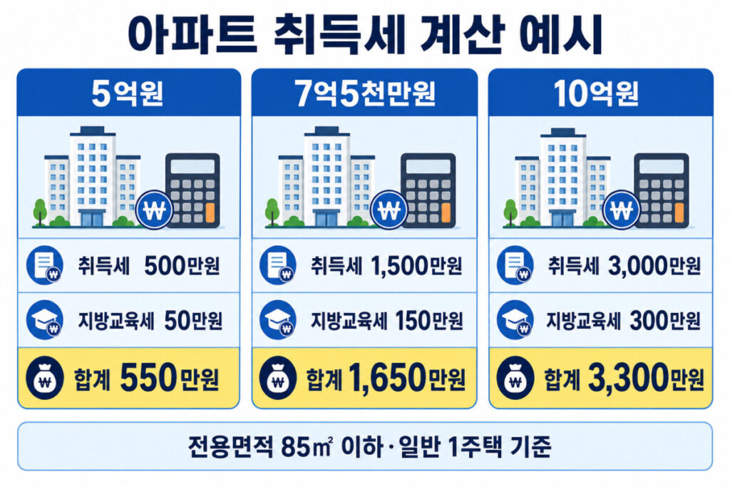 5억원 7억5천만원 10억원 아파트 취득세와 지방교육세 계산 예시