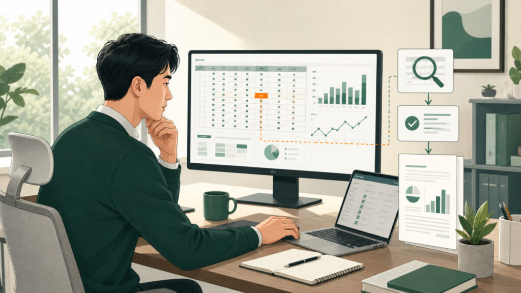 직장인이 AI를 활용해 엑셀의 이상값을 찾고 원본을 검증한 뒤 보고서로 정리하는 일러스트