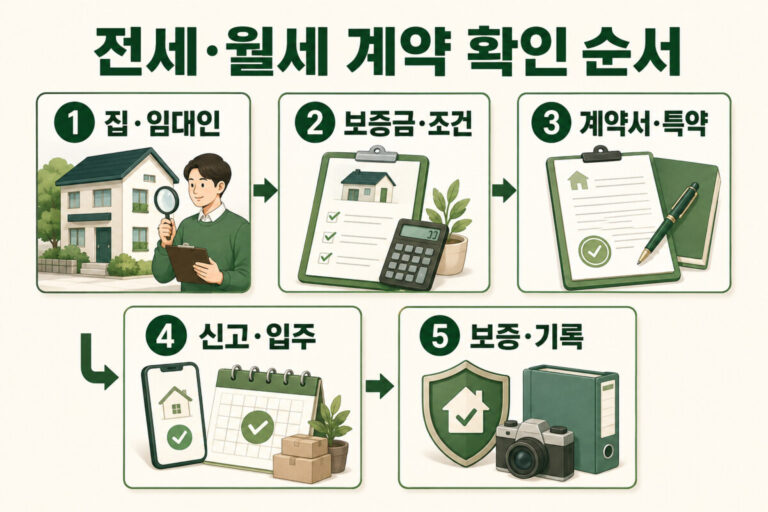 전세·월세 계약 시 주의사항: 집·임대인, 보증금·조건, 계약서·특약, 신고·입주, 보증·기록