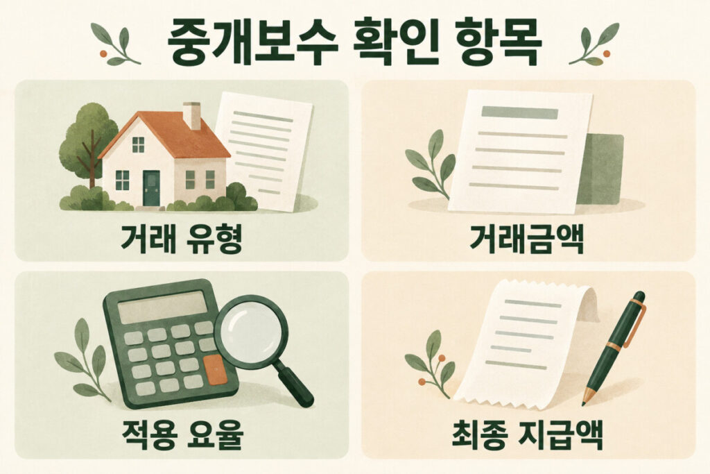 중개보수 확인 항목: 거래 유형, 거래금액, 적용 요율, 최종 지급액