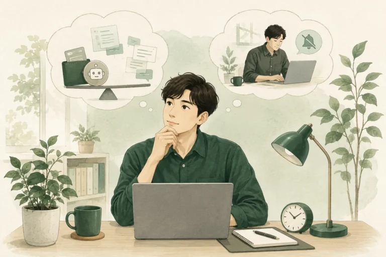 ChatGPT Pro 5x 후기: 노트북과 시계를 보며 업무와 구독 비용을 고민하는 직장인