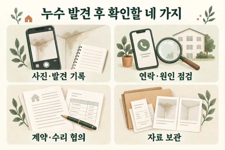 누수 발견 후 사진 기록, 연락과 원인 점검, 계약과 수리 협의, 자료 보관 안내