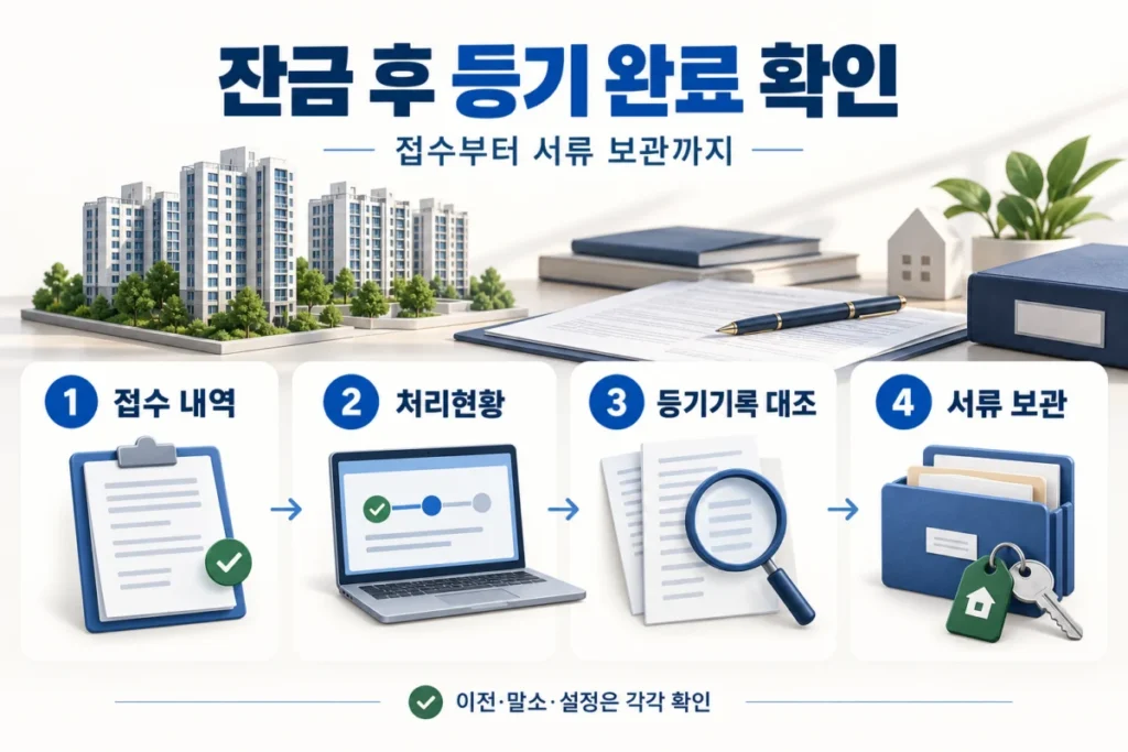 잔금 후 접수 내역, 처리현황, 등기기록 대조, 서류 보관의 네 단계
