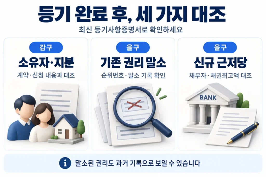 등기사항증명서의 소유자·지분, 기존 권리 말소, 신규 근저당 확인 항목