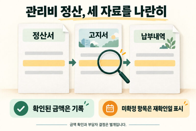 정산서와 고지서, 납부내역을 대조하고 확인된 금액과 미확정 항목을 구분하는 안내 그림
